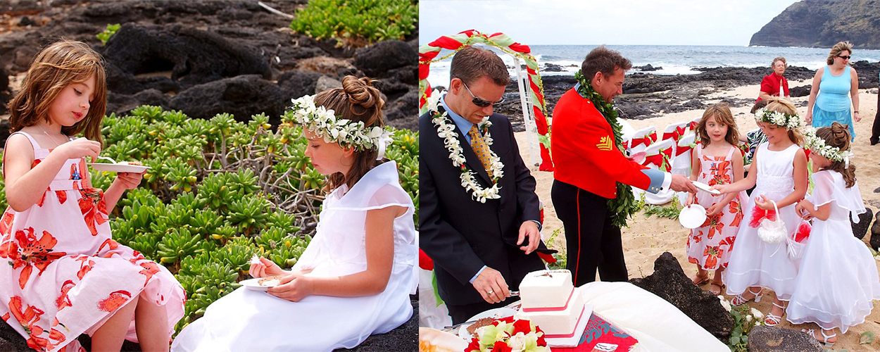 the groom hands over plates for the flowers girls